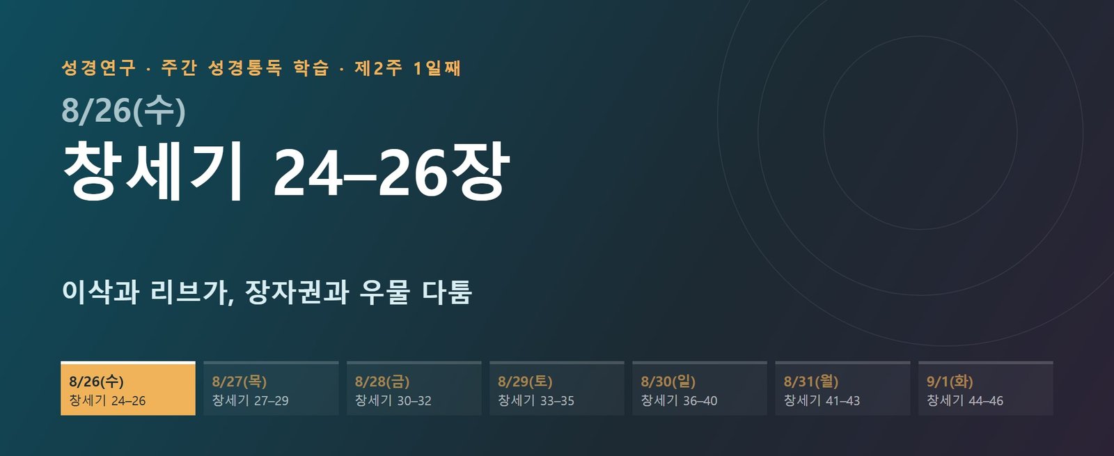 창세기 24–26장 성경통독 해설 — 이삭과 리브가, 장자권과 우물 다툼 (제2주 1일째)