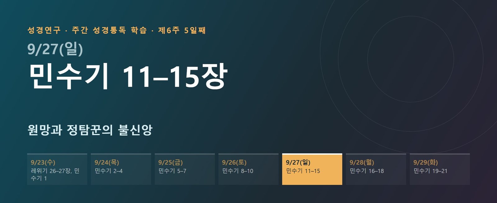 민수기 11–15장 성경통독 해설 — 원망과 정탐꾼의 불신앙 (제6주 5일째)