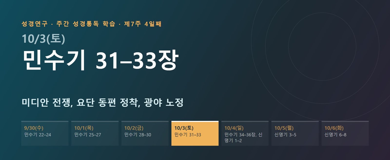 민수기 31–33장 성경통독 해설 — 미디안 전쟁, 요단 동편 정착, 광야 노정 (제7주 4일째)